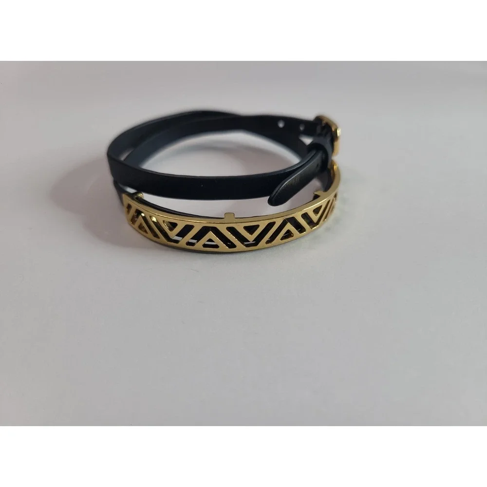 Black Faux Leather Wrap Bracelet Gold Tone Geometric Bar and Crescent Charm